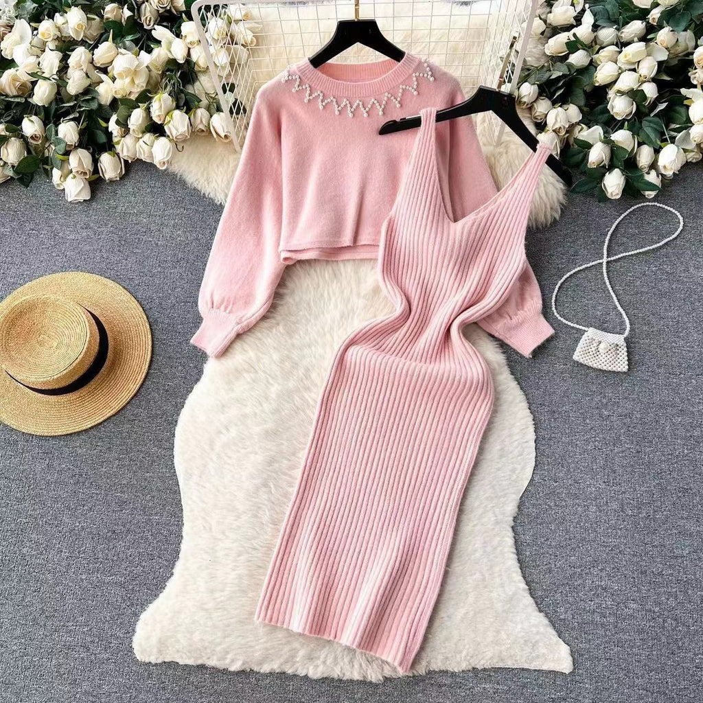 Round Neck Bead Women's Sweater High Waist Knit Dress Suit