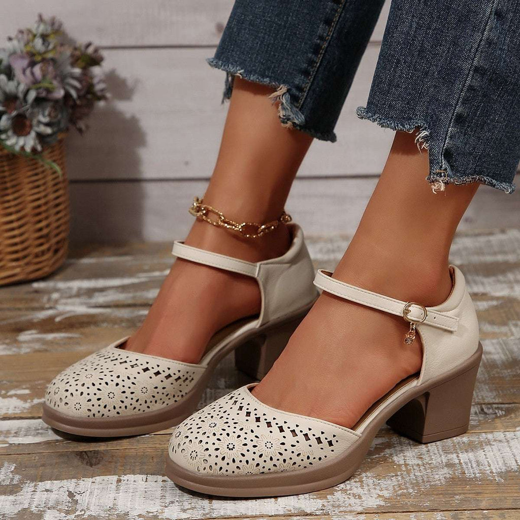 Retro versatile sandals with hollowed out mid heeled toe caps single button shoes for women