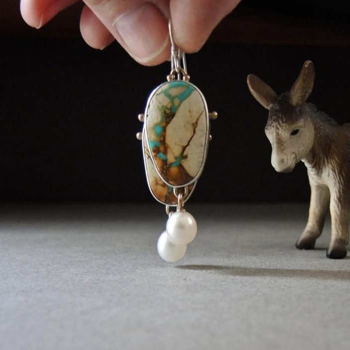 Vintage Colored Turquoise And Pearl Drop Pendant Earrings