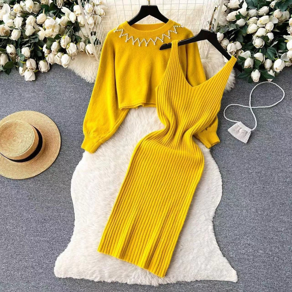 Round Neck Bead Women's Sweater High Waist Knit Dress Suit
