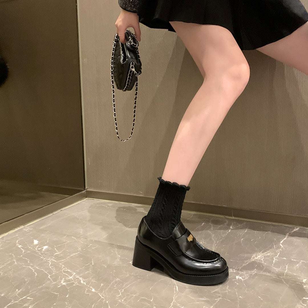 Thick high heels loafers women's small leather shoes