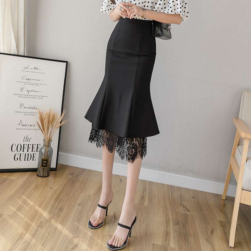 Commuter Black Lace Panel Ruffle Skirt