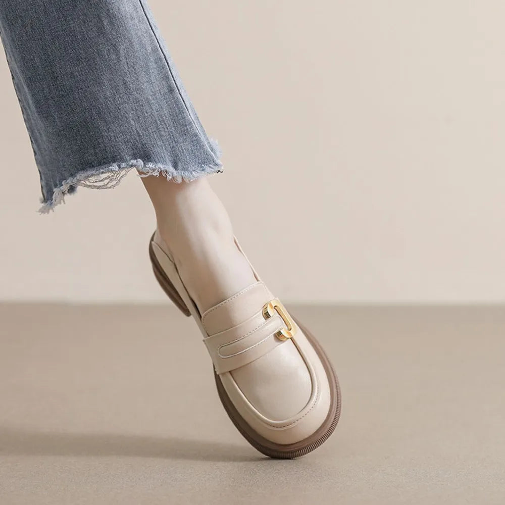 New autumn and winter one-step-on retro small leather shoes British style soft sole thick heel single shoes for women