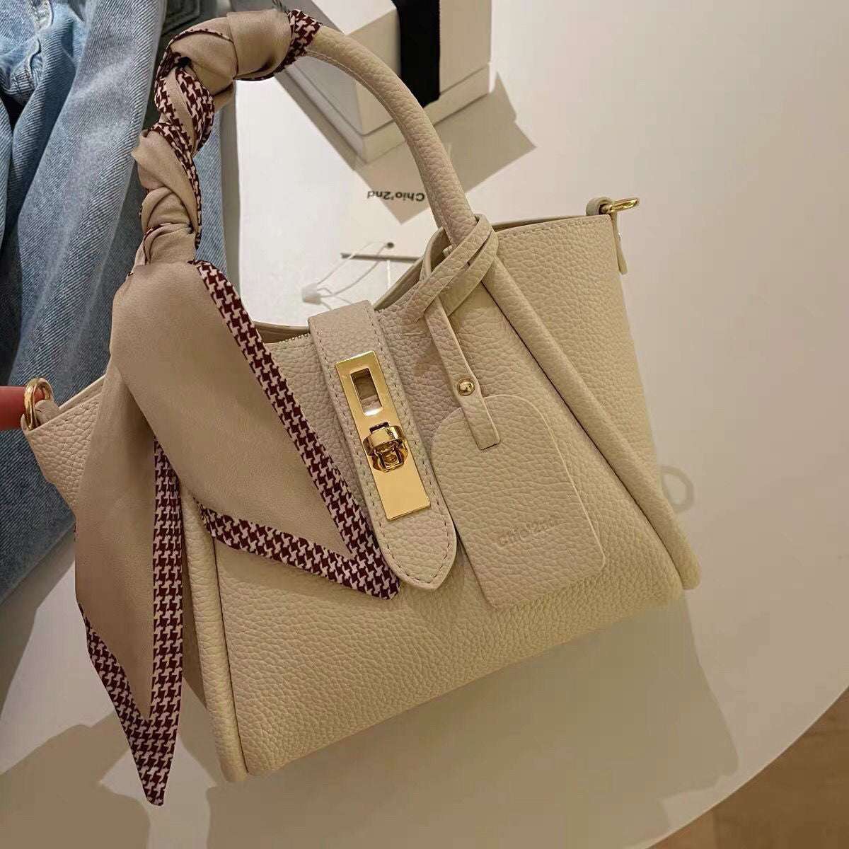 Litchi Pattern Soft Leather Portable Tote Bag