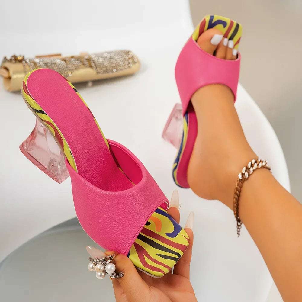 Fashionable high-heeled plus size women's square headed slippers for external wear