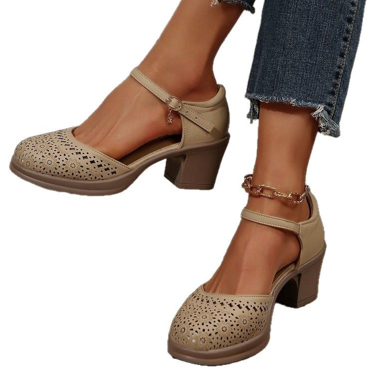 Retro versatile sandals with hollowed out mid heeled toe caps single button shoes for women