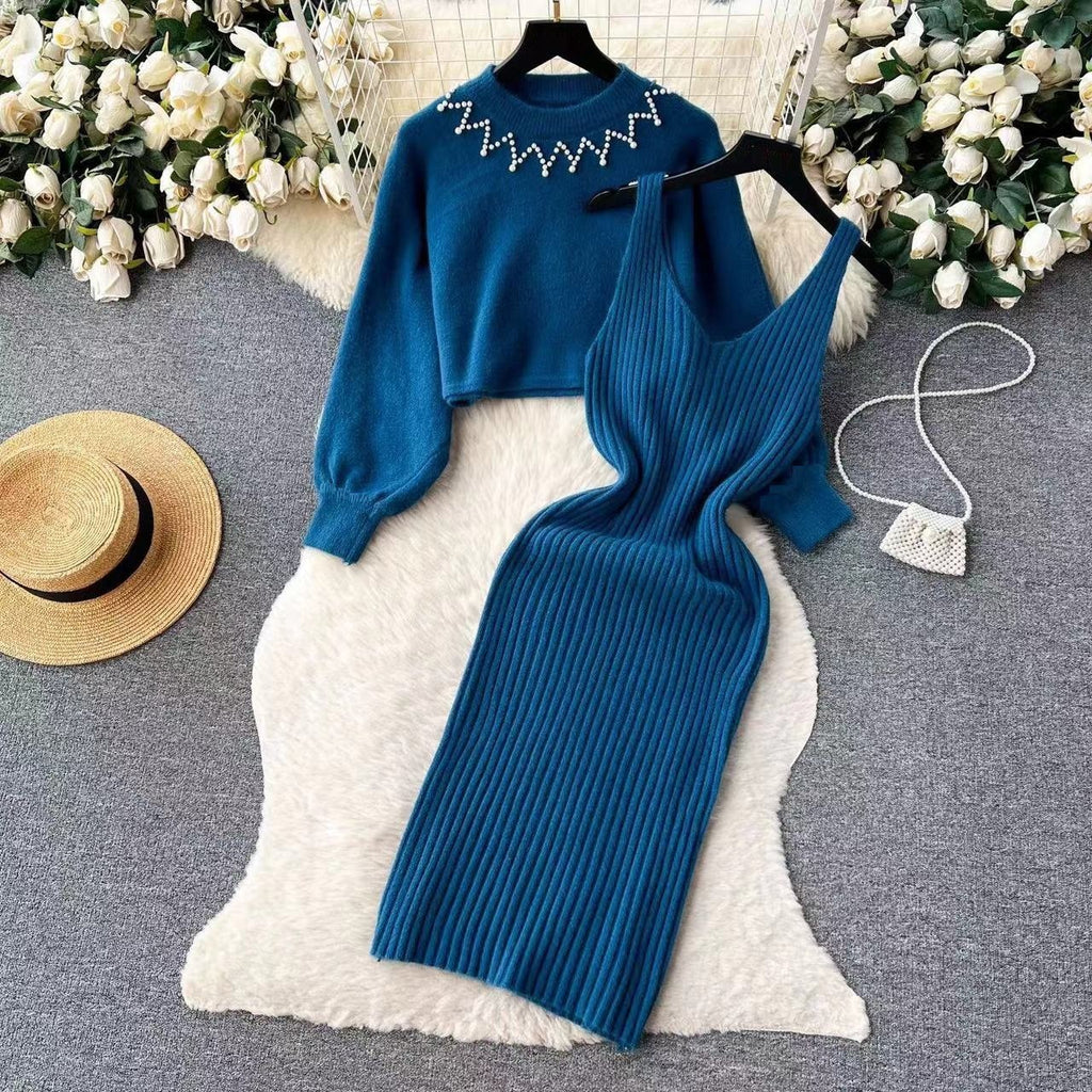 Round Neck Bead Women's Sweater High Waist Knit Dress Suit