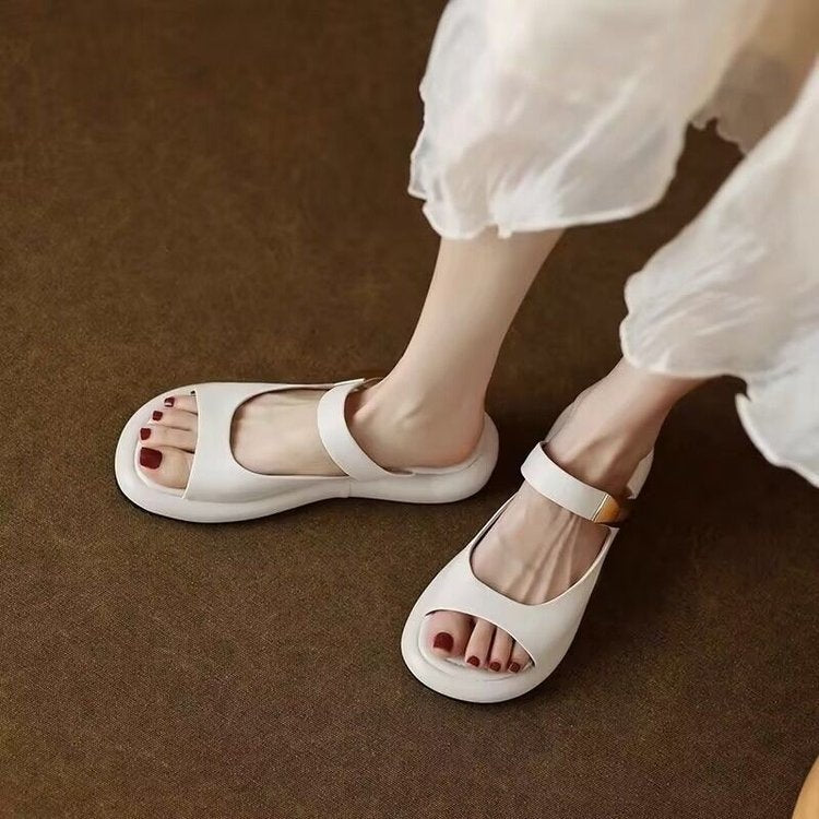 Peep Toe Flat For Outdoors French Soft Leather Platform Sandals