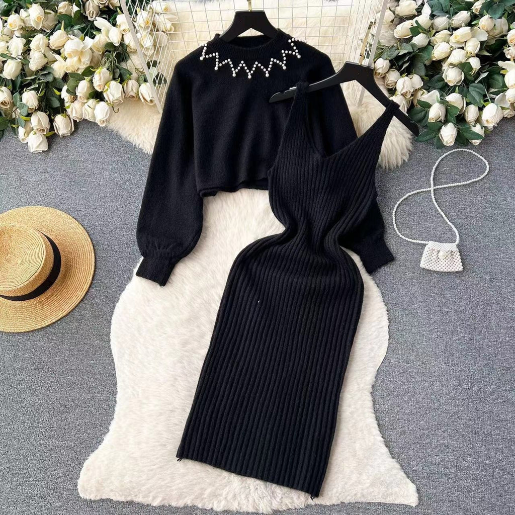 Round Neck Bead Women's Sweater High Waist Knit Dress Suit