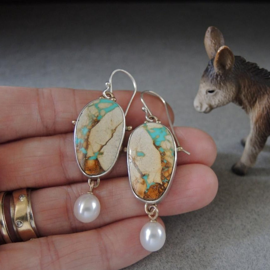 Vintage Colored Turquoise And Pearl Drop Pendant Earrings