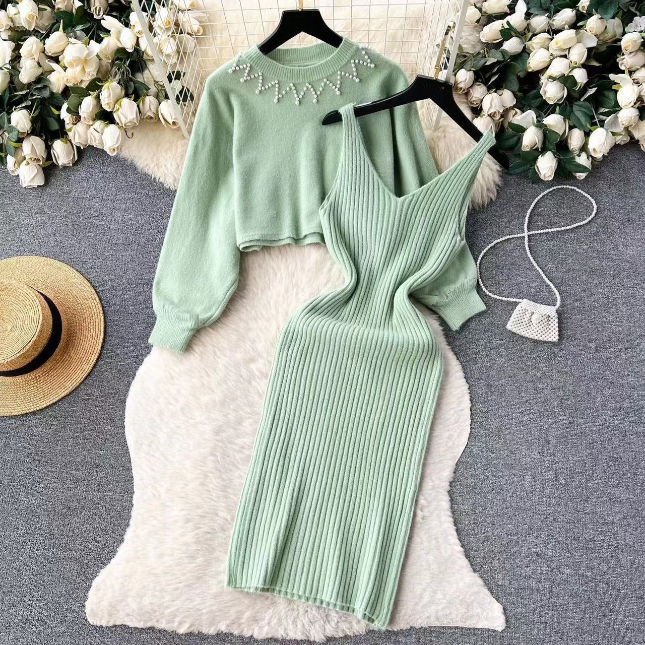 Round Neck Bead Women's Sweater High Waist Knit Dress Suit