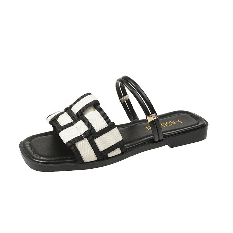 Square Toe Sandals Women's Canvas Check Pattern Flat Sandals