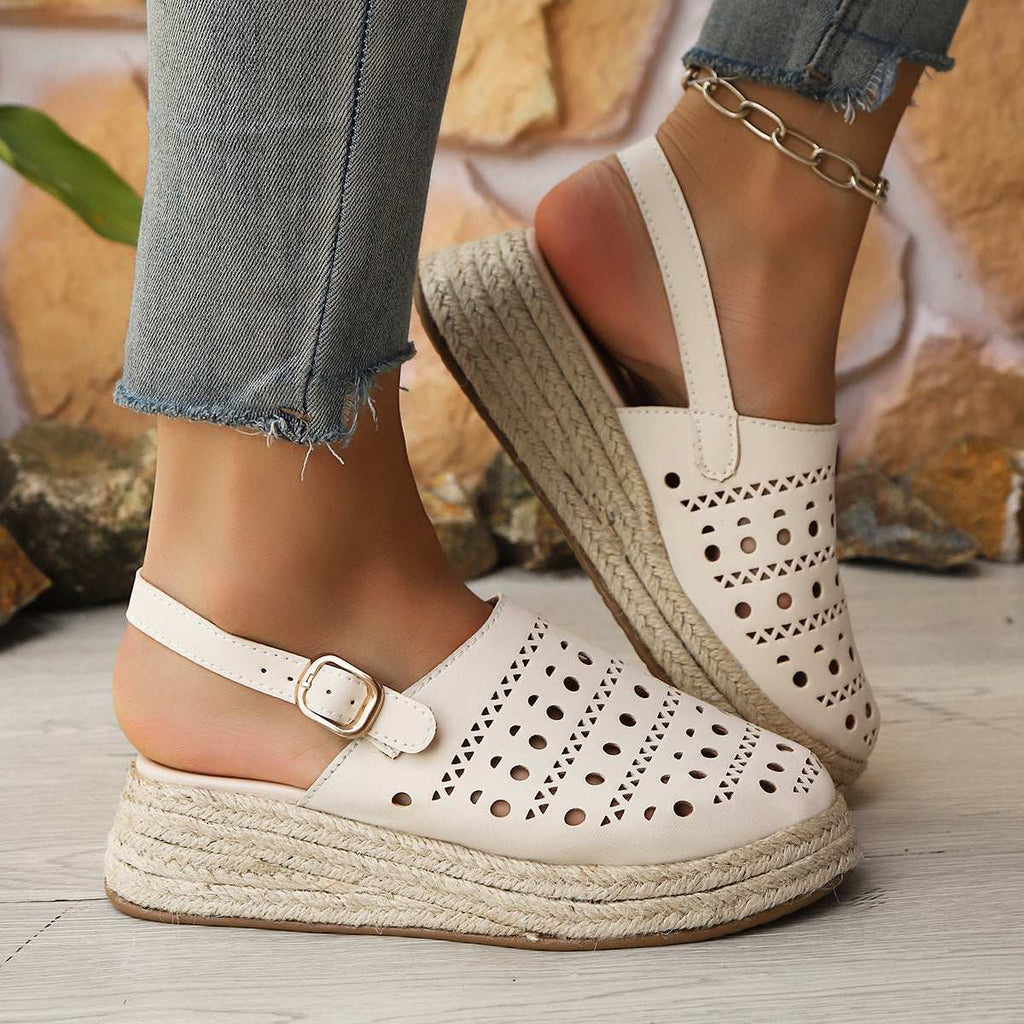 Baotou sandals women's thick soled sloping heel retro hemp rope hollowed out women's sandals
