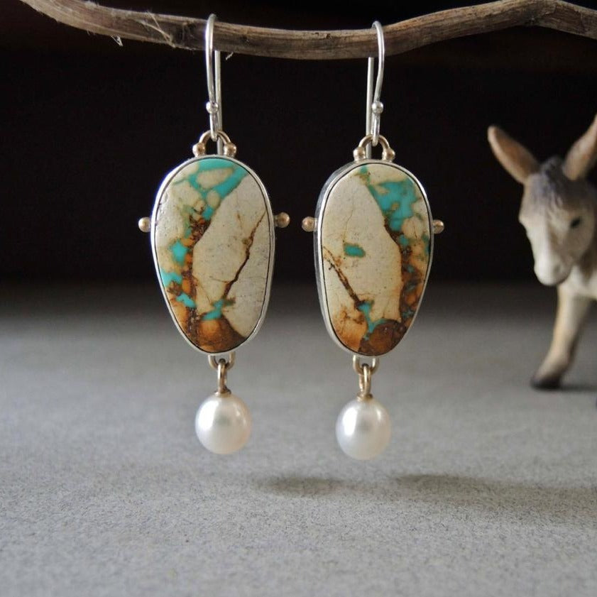 Vintage Colored Turquoise And Pearl Drop Pendant Earrings