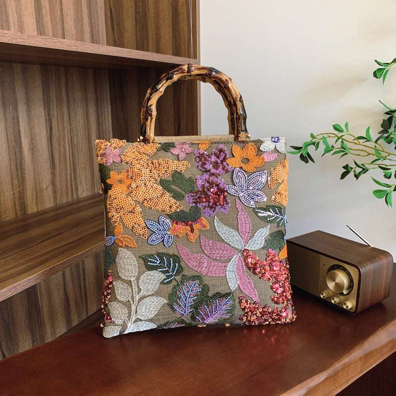 Vintage Embroidered Bamboo Handbag