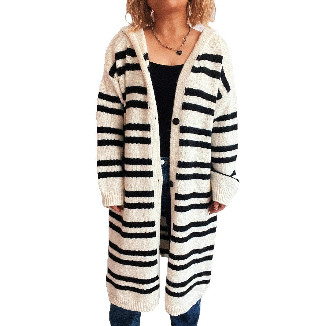 Hooded Color Contrast Striped Retro Casual Loose Sweater