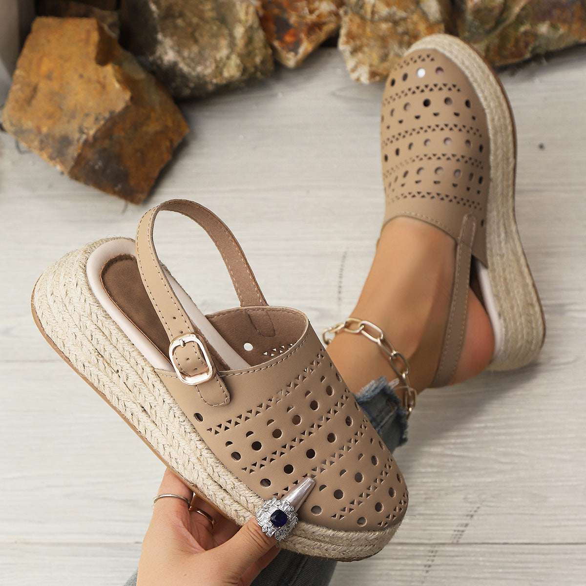 Baotou sandals women's thick soled sloping heel retro hemp rope hollowed out women's sandals