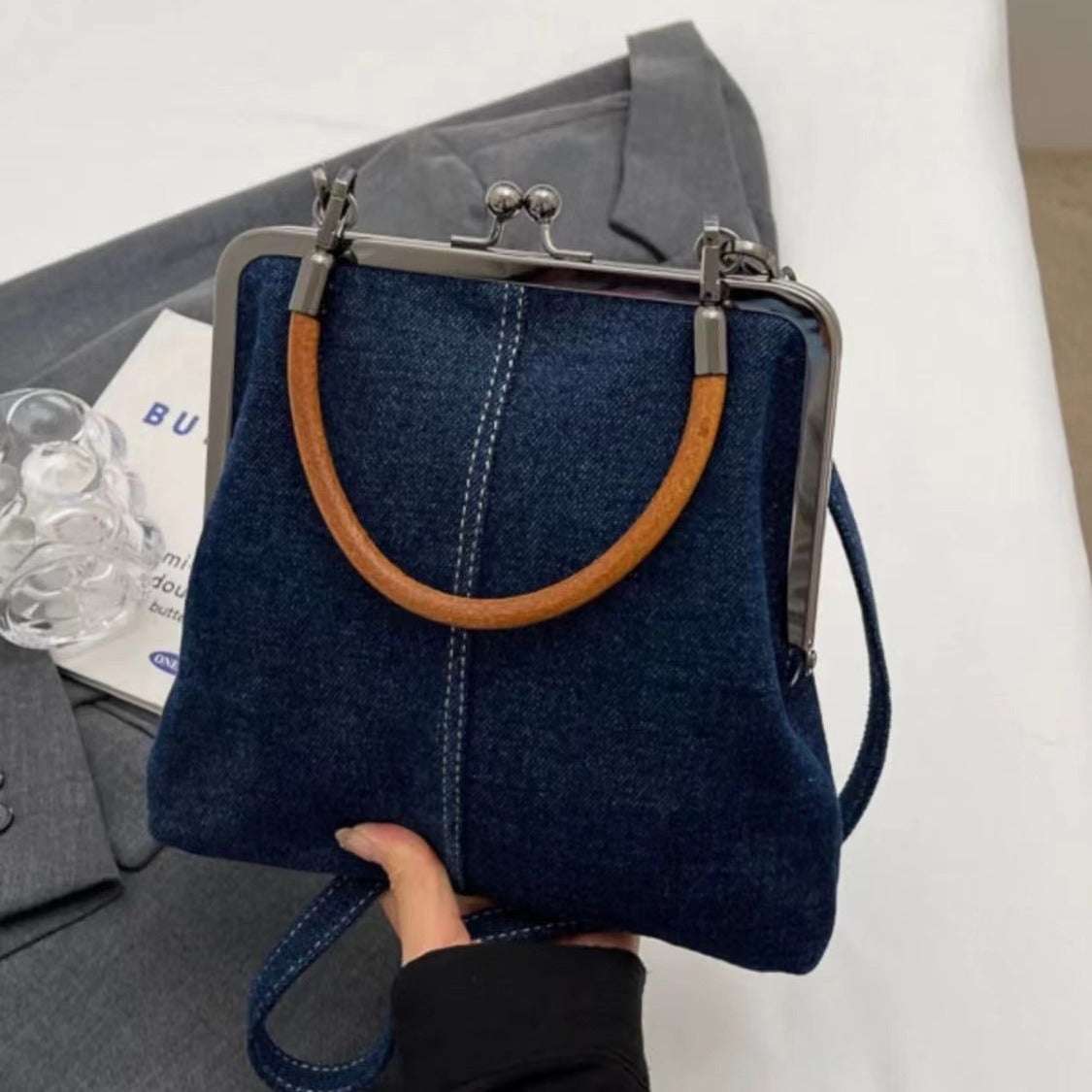 Small handbag women's handbag handmade denim splicing hand-held crossbody bag single shoulder bag small shoulder bag