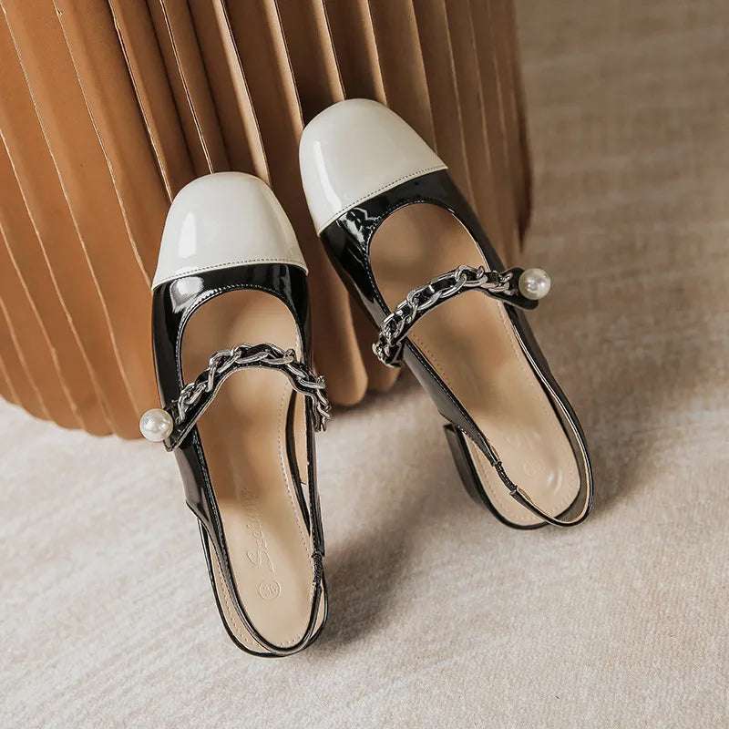 Pearl chain shallow mouth back hollow thick heel color blocked Mary Jane sandals for women