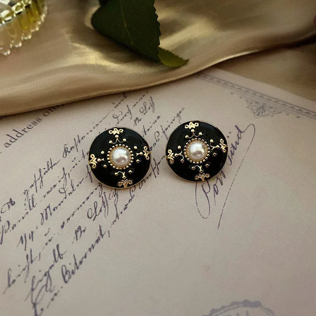 Vintage Enamel Imitation Pearls Geometric Flower Metal Stud Earring