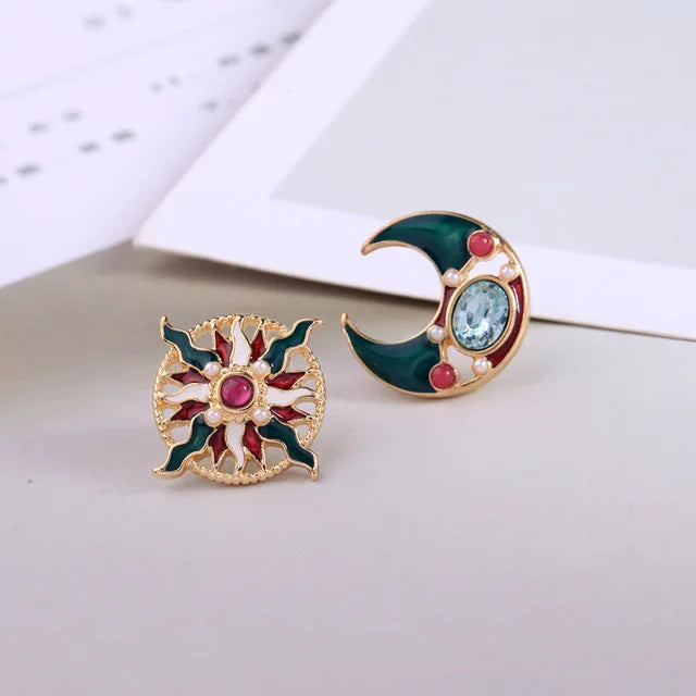 Vintage Enamel Imitation Pearls Geometric Flower Metal Stud Earring