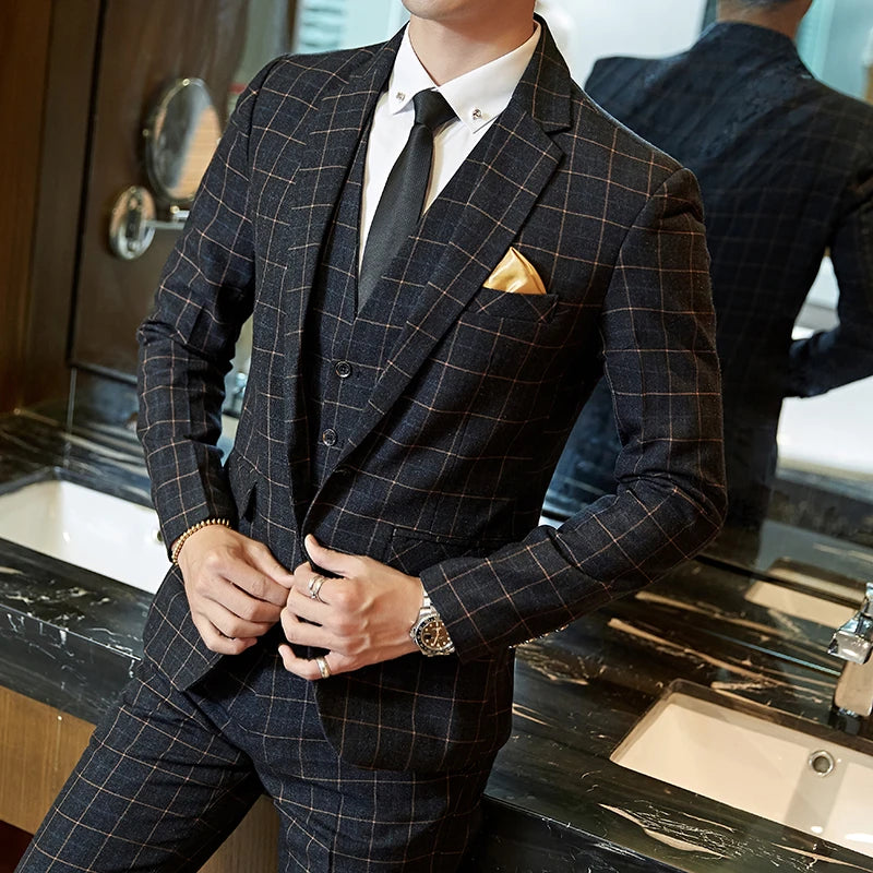 Wedding suit men Slim Fit Plaid Suit 3pc set Male Groom Blazers Pants