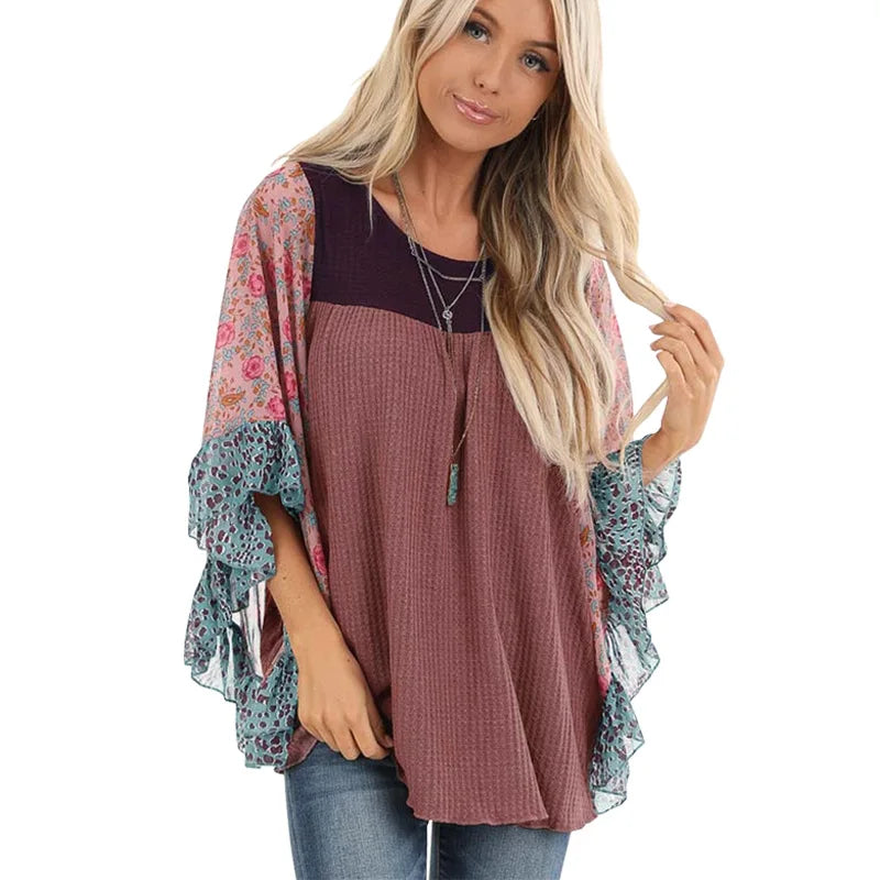 Half-Sleeve Print Splice Women's Sweaters