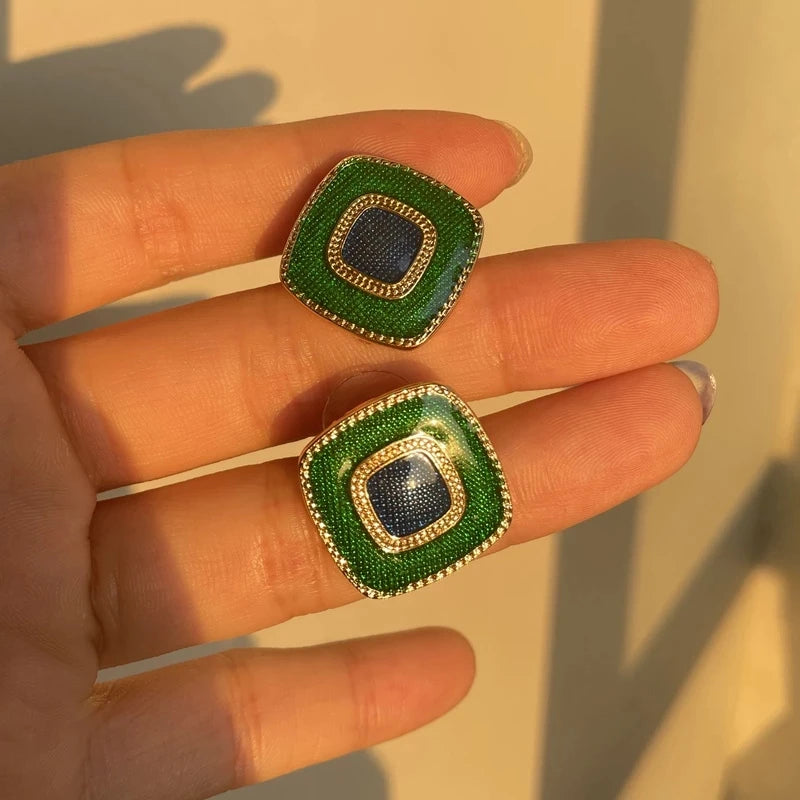 Vintage Enamel Imitation Pearls Geometric Flower Metal Stud Earring