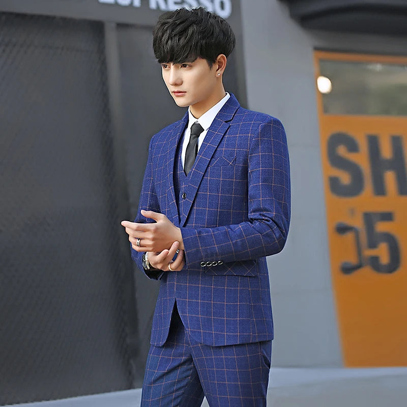 Wedding suit men Slim Fit Plaid Suit 3pc set Male Groom Blazers Pants