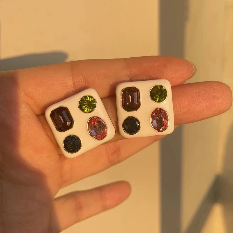 Vintage Enamel Imitation Pearls Geometric Flower Metal Stud Earring