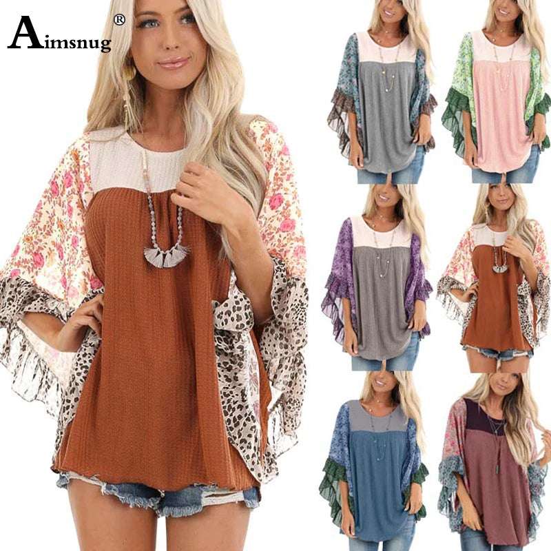 Aimsnug Boho Half-Sleeve Print Splice Women's Sweaters Pullovers O Neck Loose 2022 Casual Autumn New Female knitting Pullovers