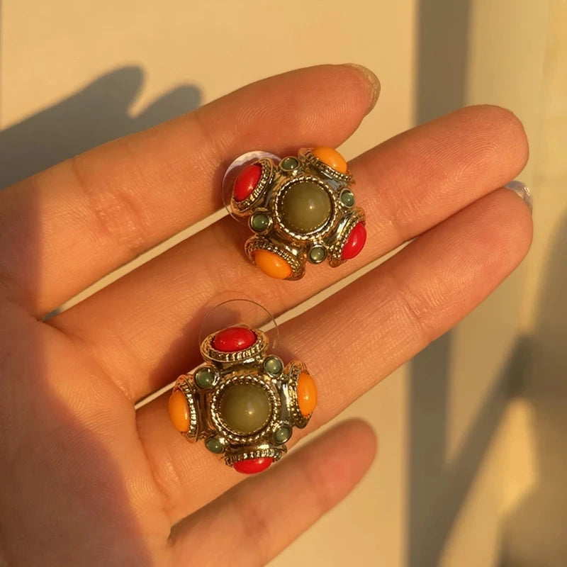 Vintage Enamel Imitation Pearls Geometric Flower Metal Stud Earring