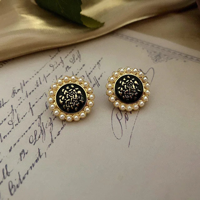 Vintage Enamel Imitation Pearls Geometric Flower Metal Stud Earring