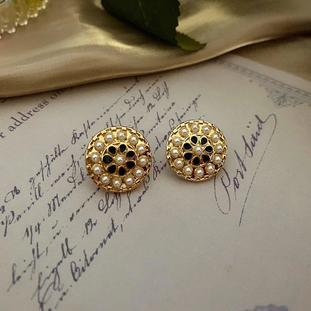 Vintage Enamel Imitation Pearls Geometric Flower Metal Stud Earring