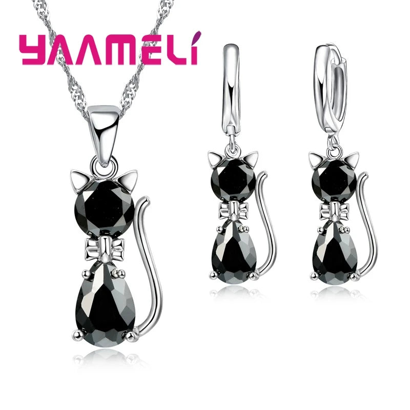 Silver Color Crystal Cute Cat Jewelry Set