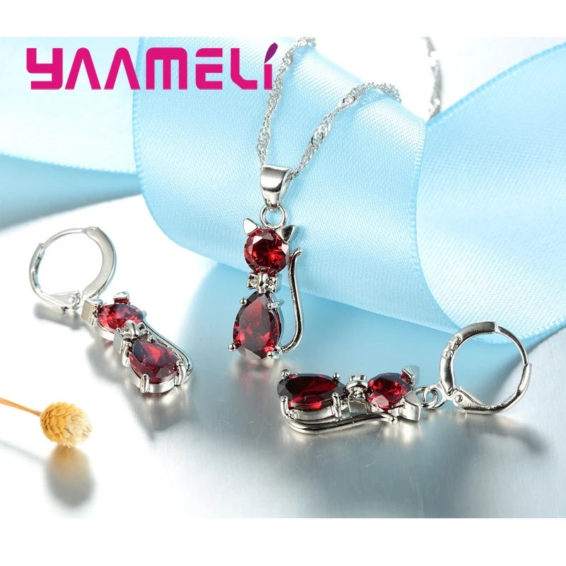 Silver Color Crystal Cute Cat Jewelry Set