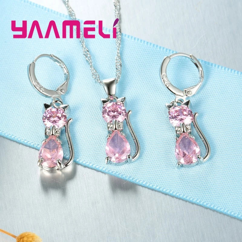 Silver Color Crystal Cute Cat Jewelry Set