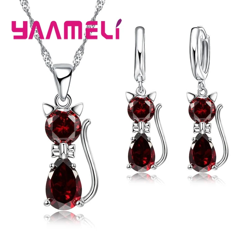 Silver Color Crystal Cute Cat Jewelry Set