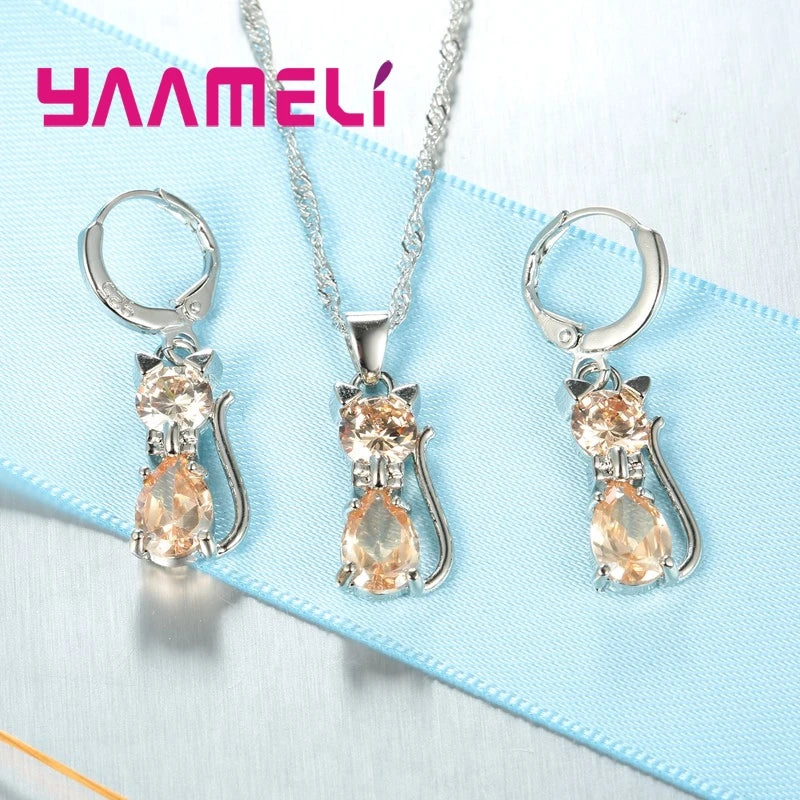 Silver Color Crystal Cute Cat Jewelry Set