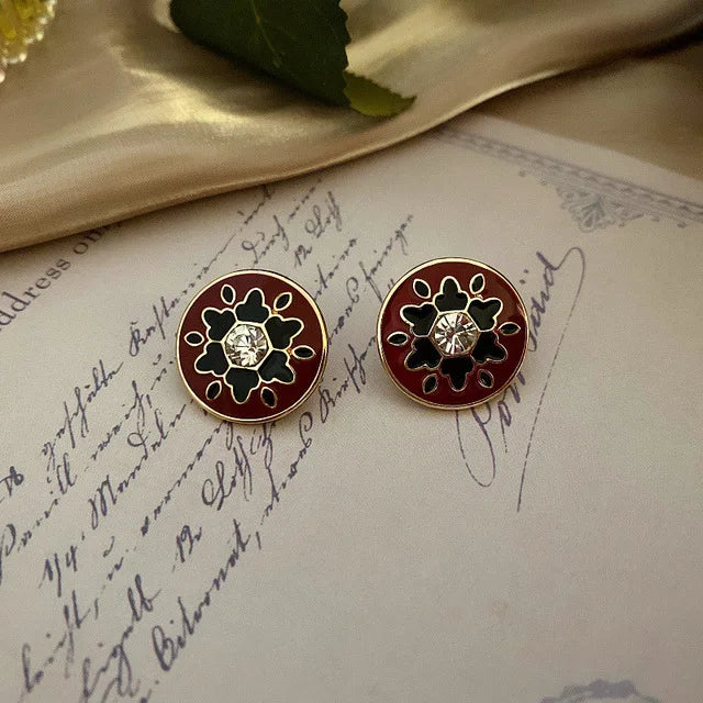 Vintage Enamel Imitation Pearls Geometric Flower Metal Stud Earring