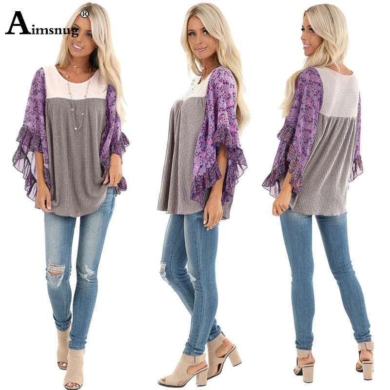 Aimsnug Boho Half-Sleeve Print Splice Women's Sweaters Pullovers O Neck Loose 2022 Casual Autumn New Female knitting Pullovers