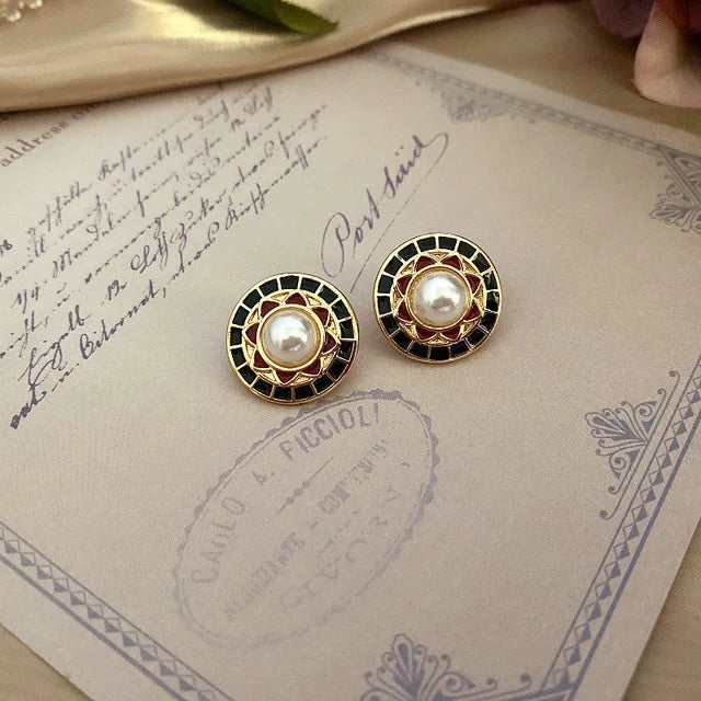 Vintage Enamel Imitation Pearls Geometric Flower Metal Stud Earring