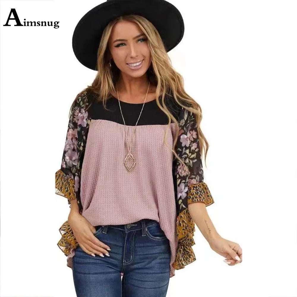 Aimsnug Boho Half-Sleeve Print Splice Women's Sweaters Pullovers O Neck Loose 2022 Casual Autumn New Female knitting Pullovers