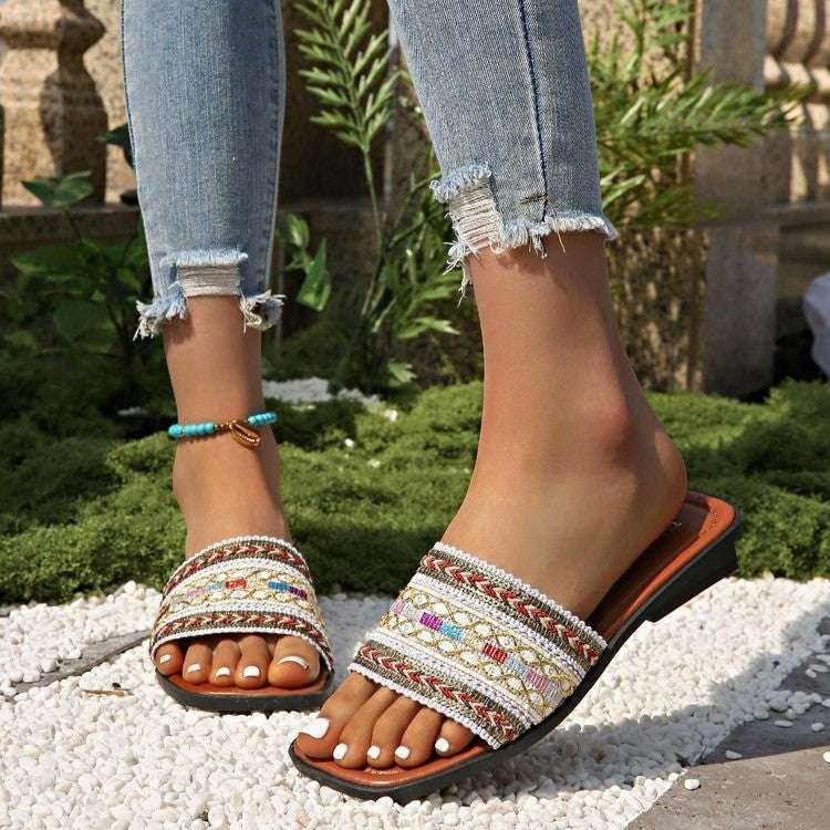 Breathable Bohemian Style Slip-on Peep-toe Slippers
