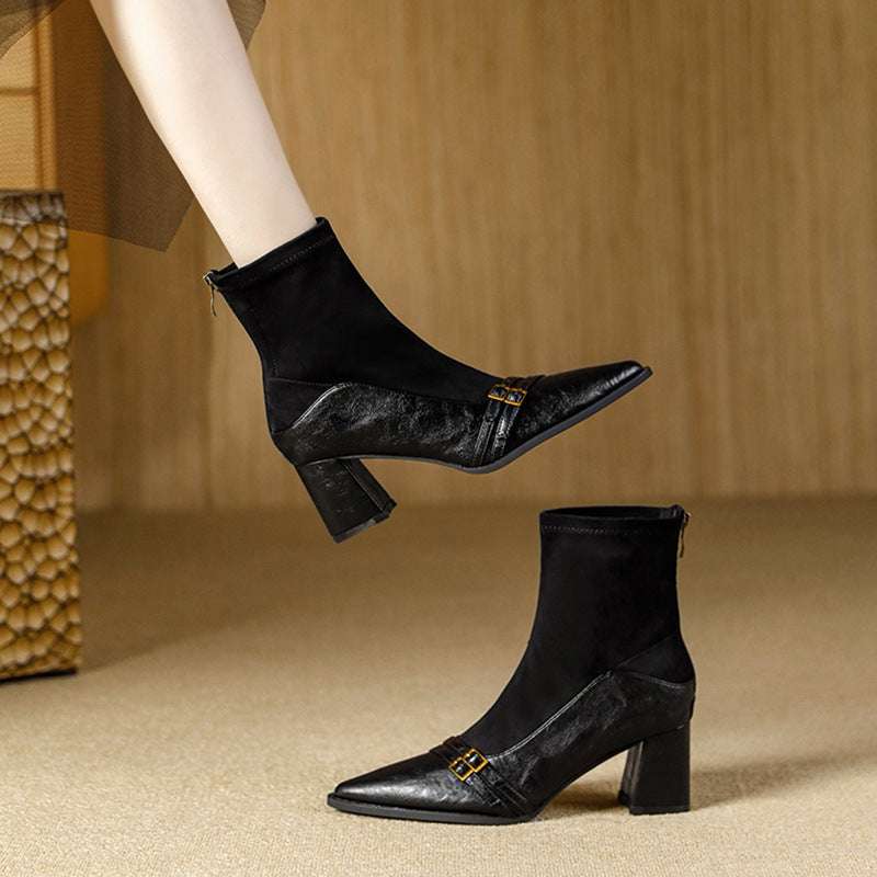Women's Chunky Heel Autumn And Winter Stitching Stretch Pointed Toe High Heel Boots