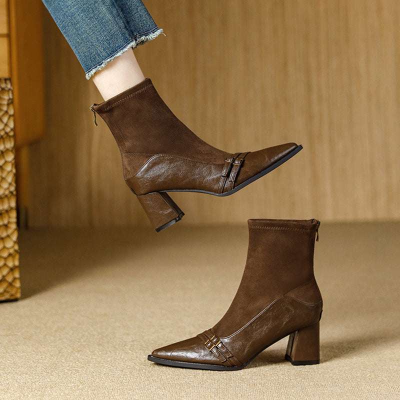 Women's Chunky Heel Autumn And Winter Stitching Stretch Pointed Toe High Heel Boots