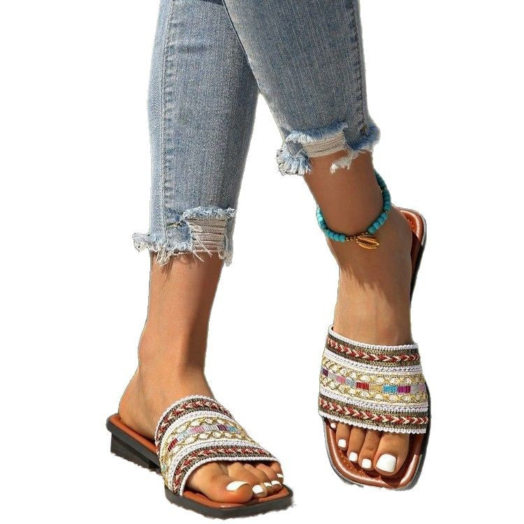 Breathable Bohemian Style Slip-on Peep-toe Slippers