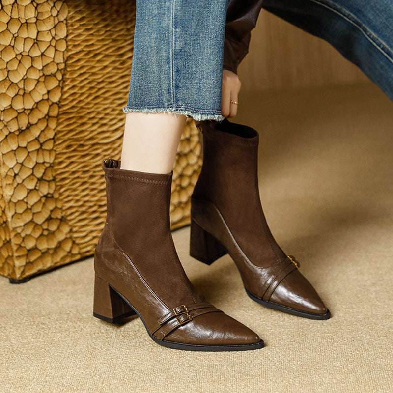 Women's Chunky Heel Autumn And Winter Stitching Stretch Pointed Toe High Heel Boots