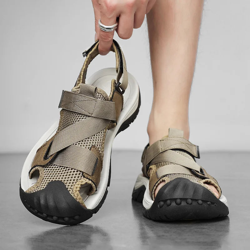 Male Beach Shoes Anti-Slip Anti-collision Toe Summer Flats Soft Leather Men Sandals