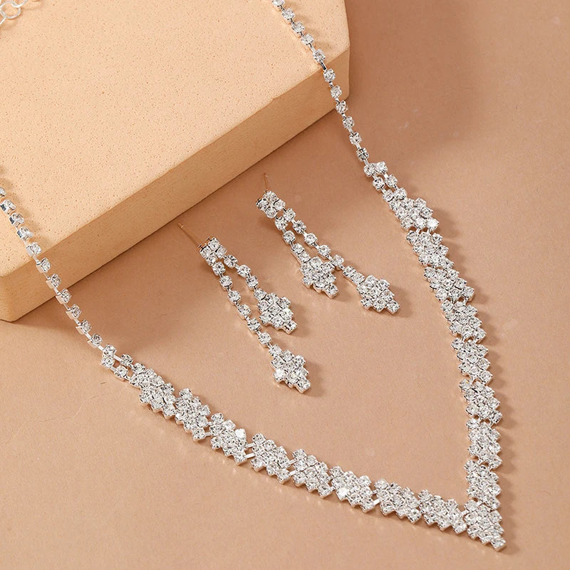 2 Pcs Simple Geometric Zircon Necklace Earrings Kit